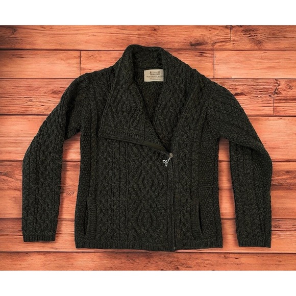 ARAN Crafts Cardigan Jacket Women Sz M Green Full Zip 100% Merino Wool Old Money - Picture 1 of 13